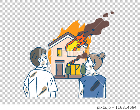 Illustration of a couple stunned after their house burns down in a fire 116814664