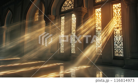 Sunbeams filtering through ornate windows in a mosque, creating a mystical and serene ambiance 116814973