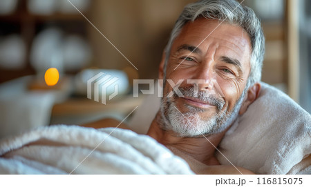 Elderly man enjoying relaxation at spa salon 116815075