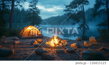 Lakeside campsite at dusk with glowing tent and crackling fire under twilight sky Lakeside campsite at dusk with glowing tent and crackling fire under twilight sky 116815125