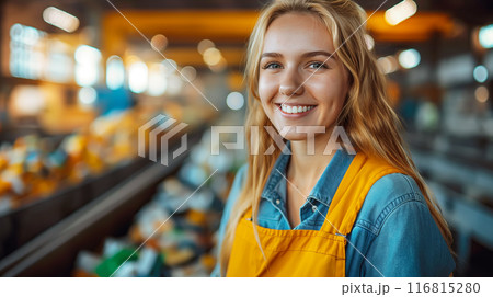 Female worker works near conveyor belt in recycling plant 116815280