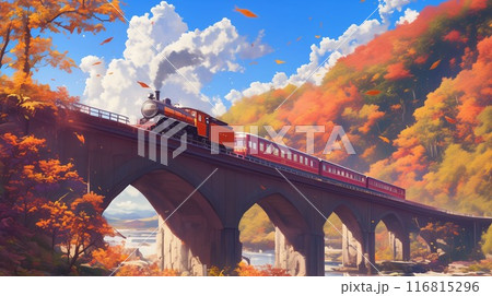 美しい秋の紅葉と蒸気機関車が走る風景 - 鮮やかな秋色の山々と青空の橋の上の列車 116815296