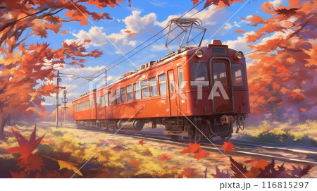 紅葉と電車の美しい秋の風景 - 鮮やかな紅葉と青空の中を走る赤い電車 116815297
