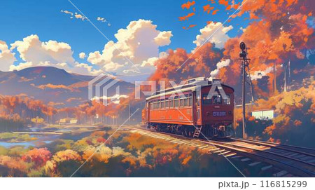 美しい秋の田園風景と鉄道車両 - 鮮やかな紅葉と山々の中を走る赤い列車のイラスト素材 [116815299] - PIXTA