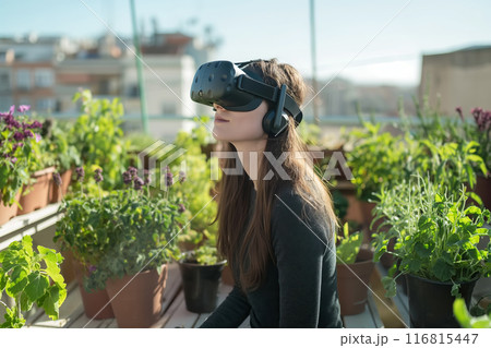 Relaxing in sunlit balcony, woman enjoys VR...のイラスト素材 [116815447] - PIXTA