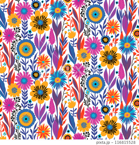 Half drop Floral Seamless Pattern of Fantasy Flowers in Bright Yellow, Orange, Purple, Blue, Pink, Black on White. Wallpaper Design for Textiles, Papers, Prints, Fashion, Wrappings. 116815528