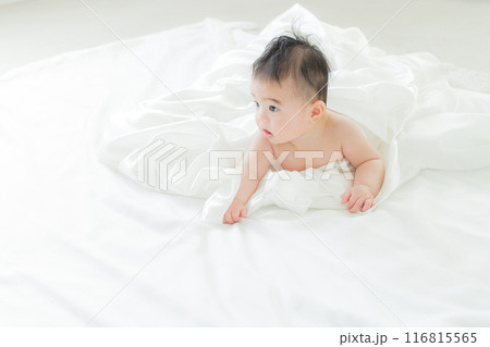 白い布に包まれて寝ている赤ちゃん　 116815565