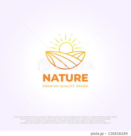 best premium emblem sunrise ground logo icon vector line art. illustration design of farmland with sunset. best premium emblem sunrise ground logo icon vector line art. illustration design of farmland with sunset. 116816284