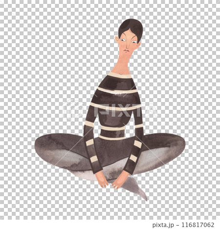 A thoughtful young girl with dark hair and a sleek hairstyle in a striped shirt and leggings sits in the lotus position. Isolated watercolor illustration on white background. Vintage style. 116817062