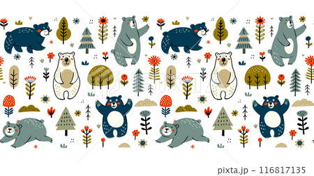 Woodland Bears in Autumn Colors seamless pattern frame border Woodland Bears in Autumn Colors seamless pattern frame border 116817135