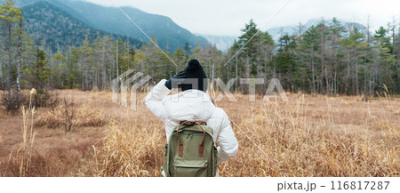 Woman tourist travel Kamikochi National Park, happy Traveler sightseeing meadow fields with mountain, Nagano Prefecture, Japan. Landmark for tourists attraction. Japan Travel, Destination and Vacation Woman tourist travel Kamikochi National Park, happy Traveler sightseeing meadow fields with mountain, Nagano Prefecture, Japan. Landmark for tourists attraction. Japan Travel, Destination and Vacation 116817287