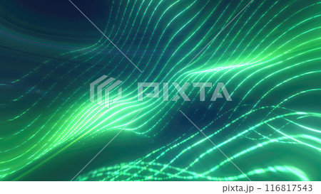 Green glowing energy waves from small particles and lines abstract background Green glowing energy waves from small particles and lines abstract background 116817543