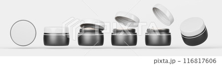3d set of black cream jar with white lid mockup front and top view. Realistic cosmetic plastic container with beauty skincare product, serum or lotion, closed and open package render. 3D illustration 3d set of black cream jar with white lid mockup front and top view. Realistic cosmetic plastic container with beauty skincare product, serum or lotion, closed and open package render. 3D illustration 116817606