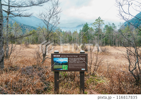View of Kamikochi National Park, meadow fields with Hotaka mountain, Nagano Prefecture, Japan. Landmark for tourists attraction. Japan Travel, Destination and Vacation 116817835
