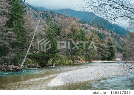 Scene of Kamikochi National Park, Hotaka mountain and Azusa river, Nagano Prefecture, Japan. Landmark for tourists attraction. Japan Travel, Destination and Vacation concept 116817838