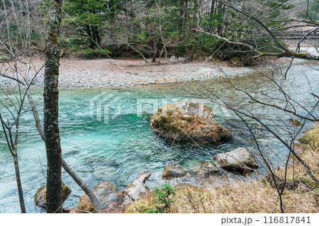 Scene of Kamikochi National Park, Hotaka mountain and Azusa river, Nagano Prefecture, Japan. Landmark for tourists attraction. Japan Travel, Destination and Vacation concept 116817841