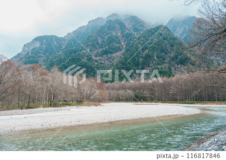 Scene of Kamikochi National Park, Hotaka mountain and Azusa river, Nagano Prefecture, Japan. Landmark for tourists attraction. Japan Travel, Destination and Vacation concept 116817846