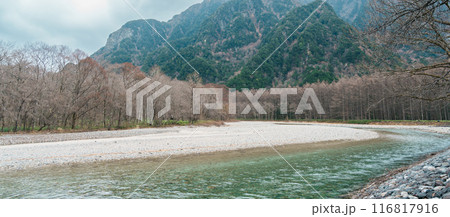 Scene of Kamikochi National Park, Hotaka mountain and Azusa river, Nagano Prefecture, Japan. Landmark for tourists attraction. Japan Travel, Destination and Vacation concept 116817916