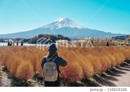Woman tourist with Fuji Mountain at Lake Kawaguchi, happy Traveler sightseeing Mount Fuji in Fujikawaguchiko, Yamanashi, Japan. Landmark for tourists attraction. Japan Travel, Destination and Vacation Woman tourist with Fuji Mountain at Lake Kawaguchi, happy Traveler sightseeing Mount Fuji in Fujikawaguchiko, Yamanashi, Japan. Landmark for tourists attraction. Japan Travel, Destination and Vacation 116818108