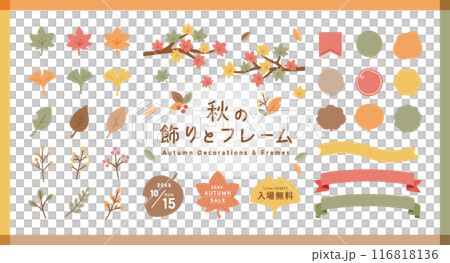 秋の飾りとフレームのイラストセット　あしらい　装飾　紅葉　もみじ　イチョウ　リボン　葉　枝　木の実 116818136