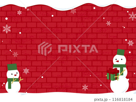 雪が積もったレンガの壁と雪だるまの冬っぽい背景イラスト　クリスマス　赤　文字なし 116818184