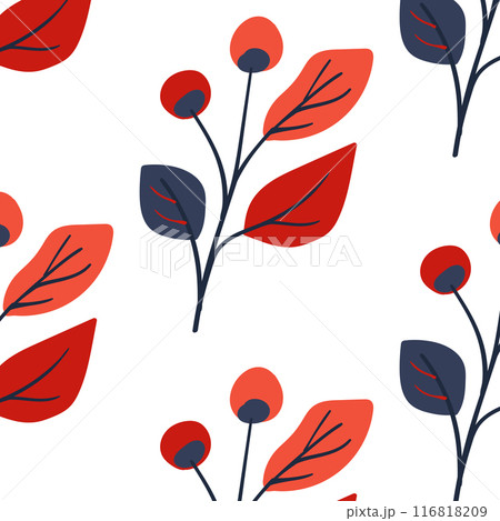 Seamless pattern. Simple Plant. Simple branch of berries and leaves. White background. Decorative ornament in Scandinavian style. Hand drown. Flat vector illustration, No AI.  116818209