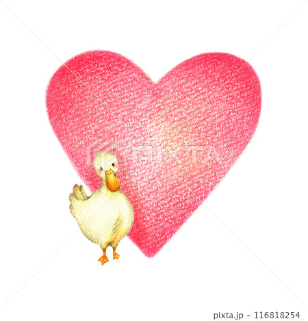 赤いハートとあひるの背景　手描き色鉛筆画 116818254