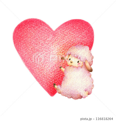 赤いハートとひつじの背景　手描き色鉛筆画 116818264