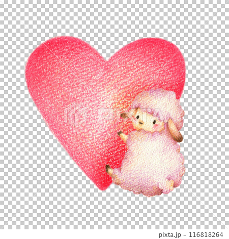 赤いハートとひつじの背景　手描き色鉛筆画 116818264