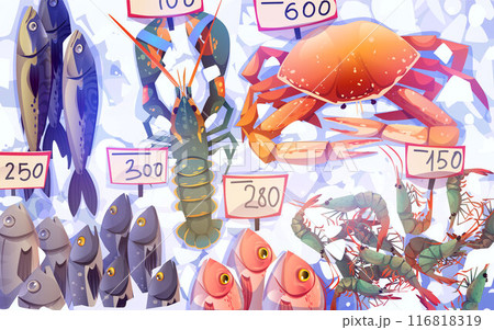 Fresh raw seafood on ice with price tags. 116818319