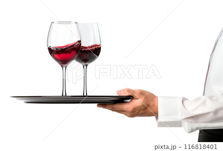 Waiter hand holding metal tray with set of red wine glasses isolated on white background Waiter hand holding metal tray with set of red wine glasses isolated on white background 116818401