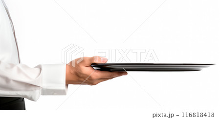 Waiter hand in crisp white uniform holding empty metal tray isolated on white background Waiter hand in crisp white uniform holding empty metal tray isolated on white background 116818418