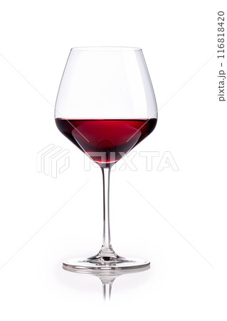 A glass with red wine isolated on white background. Rose wine splashing in glassware. A glass with red wine isolated on white background. Rose wine splashing in glassware. 116818420