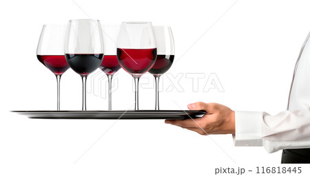 Waiter hand holding metal tray with set of red wine glasses isolated on white background Waiter hand holding metal tray with set of red wine glasses isolated on white background 116818445