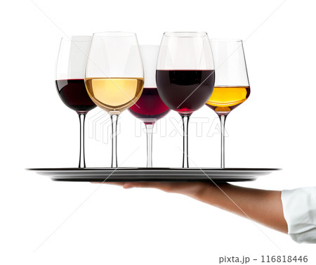 Waiter hand holding metal tray with set of red and white wine glasses isolated on white background 116818446