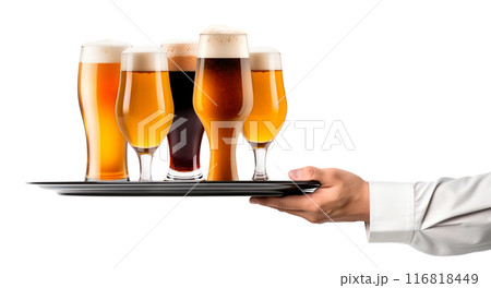 Waiter hand holding metal tray with set of Beer glasses and bottles on a white background. 116818449