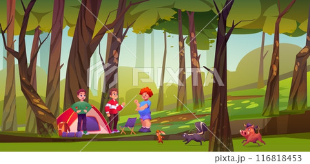 Kid in forest camp tent with animal and friends 116818453