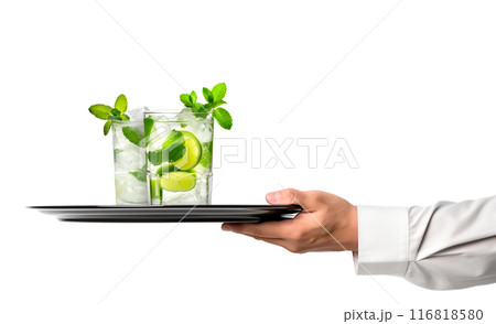 Waiter hand holding metal tray with set of Mojito cocktails, garnished with fresh mint and a slice of lime Waiter hand holding metal tray with set of Mojito cocktails, garnished with fresh mint and a slice of lime 116818580