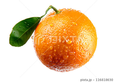 A fresh, juicy orange with water droplets represents natural, vibrant citrus goodness isolated on a white transparent background 116818630