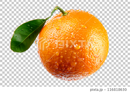 A fresh, juicy orange with water droplets represents natural, vibrant citrus goodness isolated on a white transparent background 116818630