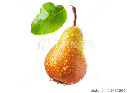 Fresh juicy pear with water droplets and leaf isolated on a white background, highlighting its natural beauty and freshness Fresh juicy pear with water droplets and leaf isolated on a white background, highlighting its natural beauty and freshness 116818634