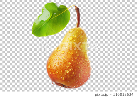 Fresh juicy pear with water droplets and leaf isolated on a white background, highlighting its natural beauty and freshness 116818634