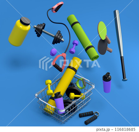 Sport equipment for fitness, gym, crossfit in shopping basket on blue Sport equipment for fitness, gym, crossfit in shopping basket on blue 116818685