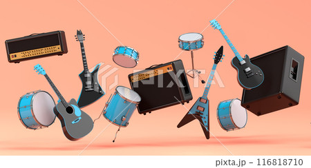 Set of electric acoustic guitars, amplifiers and drums with cymbal on orange 116818710