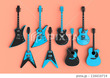 Set of electric acoustic guitars isolated on orange background. 116818714