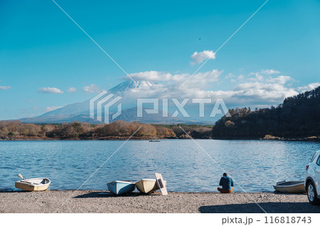 Mount Fuji at lake Shoji near Kawaguchiko, one of the Fuji Five Lakes located in Yamanashi, Japan. Landmark for tourists attraction. Japan Travel, Destination, Vacation and Mount Fuji Day concept 116818743