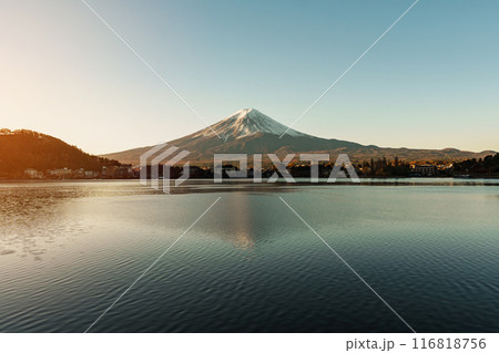 Mount Fuji at Lake Kawaguchi in the morning sunrise. Mt Fujisan in Fujikawaguchiko, Yamanashi, Japan. Landmark for tourists attraction. Japan Travel, Destination, Vacation and Mount Fuji Day concept 116818756