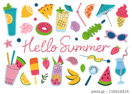 Vector illustration set of fruits, ice cream, summer drinks and lemonades, with hello summer lettering. Refreshing, tropical theme in flat cartoon style. Collection of icons for summer parties 116818814