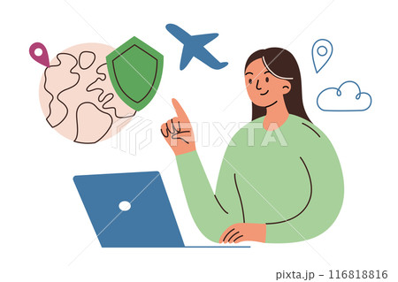 Travel insurance vector illustration in flat cartoon style. Woman using laptop for booking trips and ensuring travel safety. Tourism agencies and insurance guides. Scene for travel protection  116818816