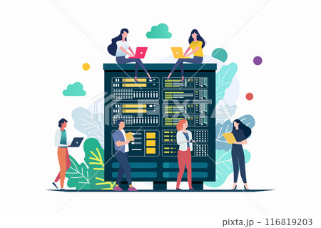 Technician works in huge server room 116819203
